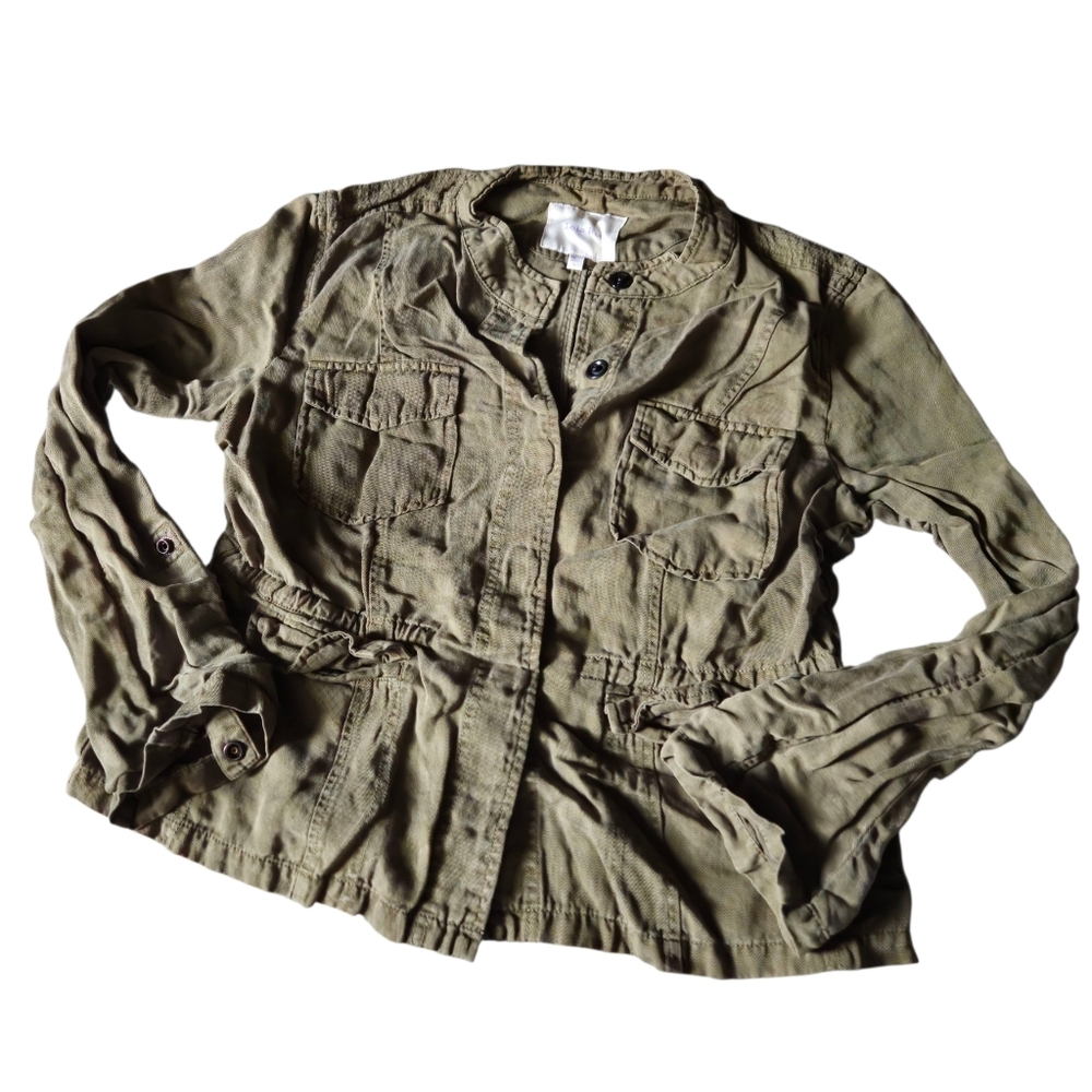 Lola Rae Jacket Army Green Pockets Drawstring Roll Tab Sleeve Women Large